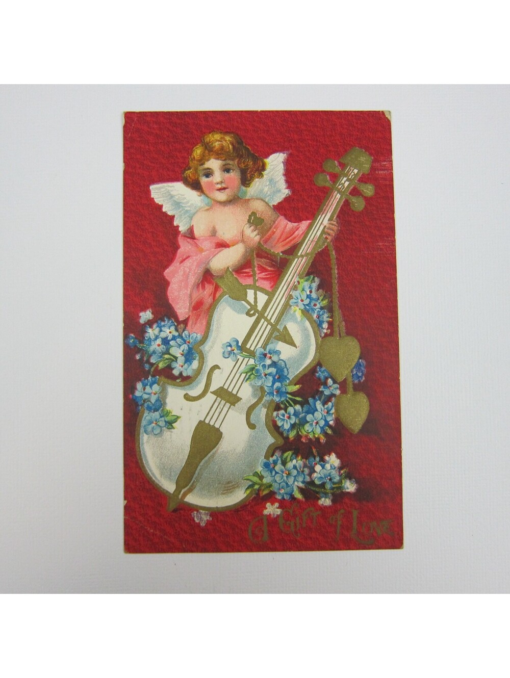 Postcard Valentine Cherub Angel Cupid Plays Cello Red Blue Flowers Antique 1910